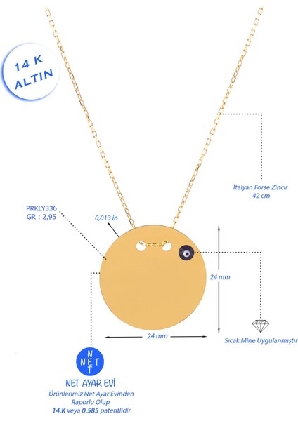 14 Ayar Altın Nazar Gözlü Plaka Altın Kolye 45 cm Uzunluk 2,5 cm Çapında Plaka fiyatları