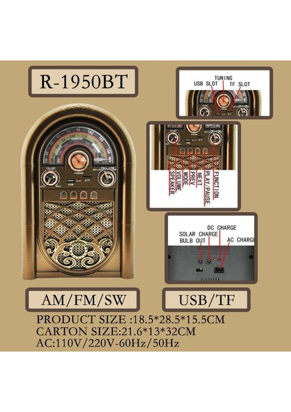 Retro Radyo Taşınabilir Bluetooth Speaker ve Hoparlör Ahşap Kaplama Klasik Antika Tarzı Iç ve Dış Mekan Multiband USB Girişli Dekoratif Klasik Radyo R-1950-BTL