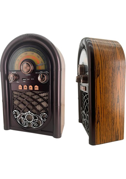 Retro Radyo Taşınabilir Bluetooth Speaker ve Hoparlör Ahşap Kaplama Klasik Antika Tarzı Iç ve Dış Mekan Multiband USB Girişli Dekoratif Klasik Radyo R-1950-BTL