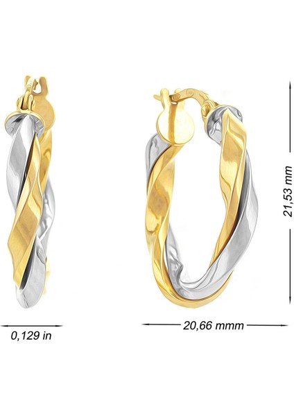 14 Ayar Altın Küpe Iki Burgulu Sarı Beyaz Altın Halka Küpe 2 cm Çapında