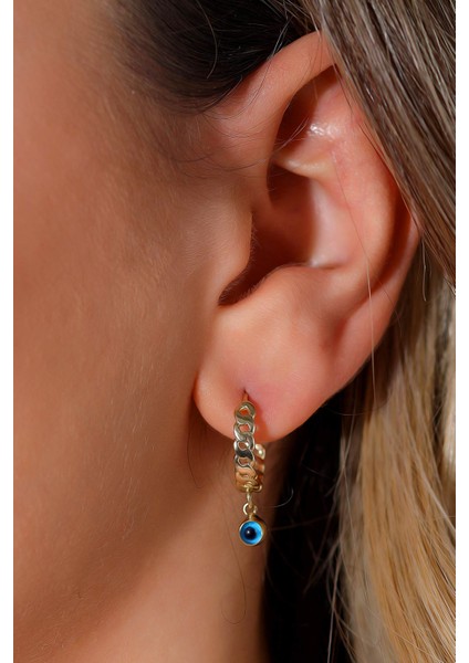 14 Ayar Altın Küpe Burgulu Nazar Göz Boncuklu Halka Küpe 2,20 cm Çapında