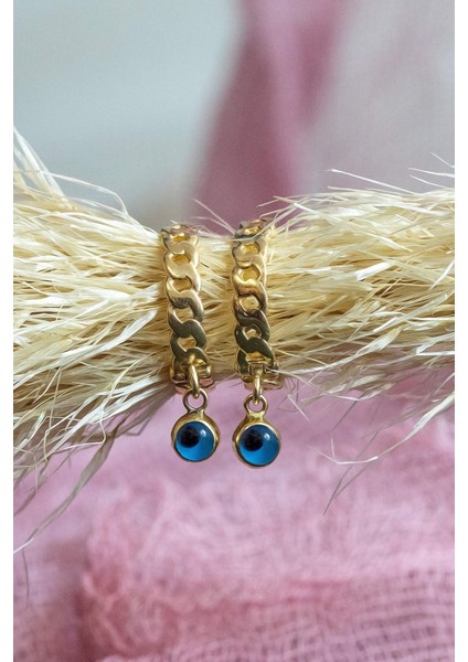 14 Ayar Altın Küpe Burgulu Nazar Göz Boncuklu Halka Küpe 2,20 cm Çapında modelleri