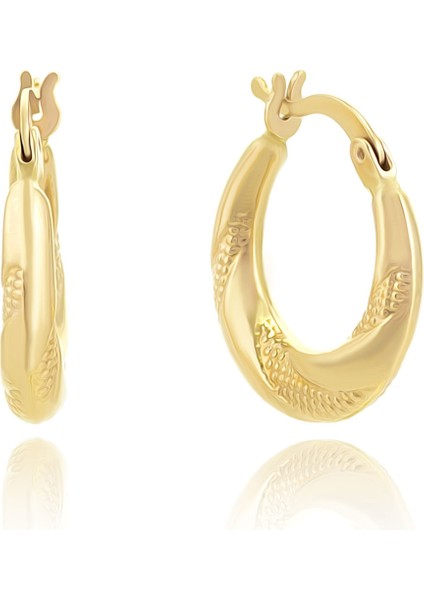 14 Ayar Altın Küpe Minimal Desenli Halka Küpe 12 mm Çapında