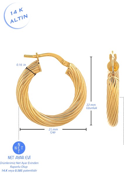 14 Ayar Altın Küpe Desenli Halka Küpe 2 cm Çapında