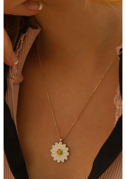14 Ayar Altın Kolye Papatya Mineli Altın Kolye 45 cm Uzunluk