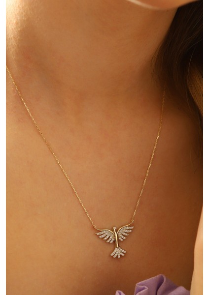 14 Ayar Altın Kolye Zümrütü Anka Kuşu Altın Kolye 45 cm Uzunluk