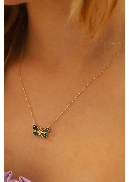 14 Ayar Altın Kolye Mineli Renkli Kelebek Altın Kolye 45 cm Uzunluk