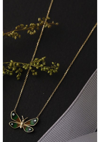 14 Ayar Altın Kolye Mineli Renkli Kelebek Altın Kolye 45 cm Uzunluk modelleri