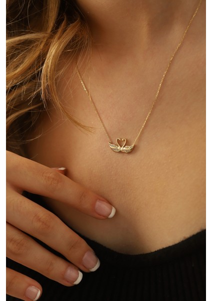 14 Ayar Altın Kolye Kalpli Kuğu Altın Kolye 45 cm Uzunluk