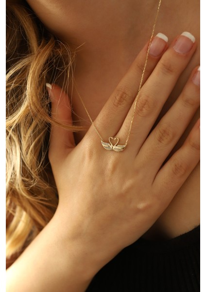 14 Ayar Altın Kolye Kalpli Kuğu Altın Kolye 45 cm Uzunluk indirimleri