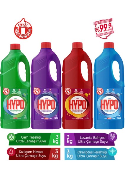 Hyper Hypo Ultra Çamaşır Suyu 4 Farklı Koku 3 kg x 4 Adet