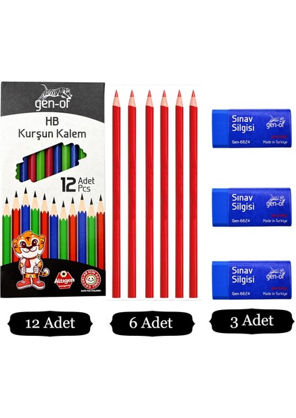 Hb Köşeli Kurşun Kalem 12'li +Kırmızı Kopya Kalem i 6'lı+ Sınav Silgisi 3'lü