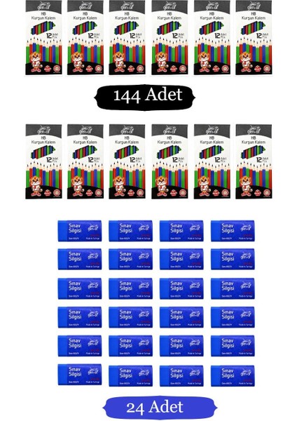 Hb Köşeli Kurşun Kalem 144'lü+ Sınav Silgisi 24'lü