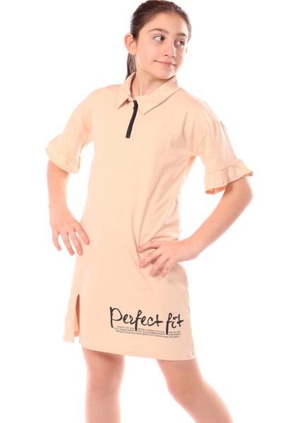 Kız Çocuk Yakalı Fermuar Detaylı Perfect Fit Baskılı Elbise