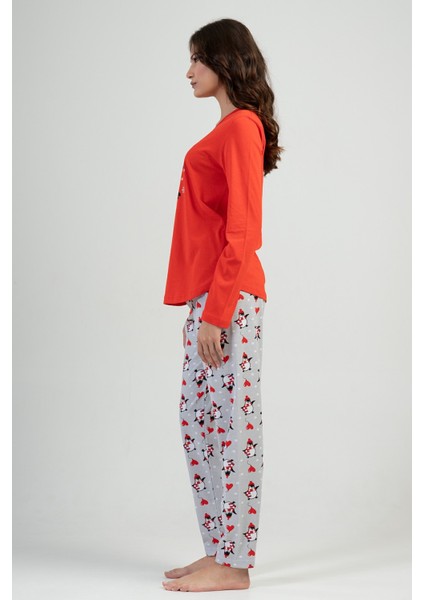 Kadın Kırmızı Gri Uzun Kollu Yuvarlak Yaka Oval Etek Pamuklu Pijama Takımı Tam Kalıp