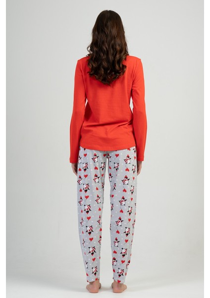 Kadın Kırmızı Gri Uzun Kollu Yuvarlak Yaka Oval Etek Pamuklu Pijama Takımı Tam Kalıp modelleri