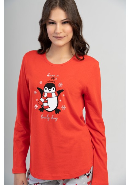 Kadın Kırmızı Gri Uzun Kollu Yuvarlak Yaka Oval Etek Pamuklu Pijama Takımı Tam Kalıp fırsatları