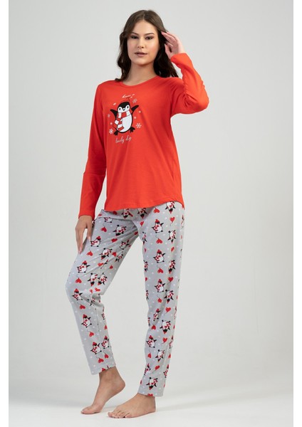 Kadın Kırmızı Gri Uzun Kollu Yuvarlak Yaka Oval Etek Pamuklu Pijama Takımı Tam Kalıp indirimleri
