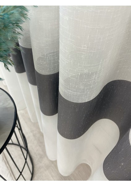 Ekru Renk Gri Bantlı Keten Görünümlü 1/3 Sık Pile Tül Perde modelleri