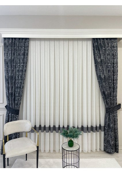 Ekru Renk Gri Bantlı Keten Görünümlü 1/3 Sık Pile Tül Perde fırsatları