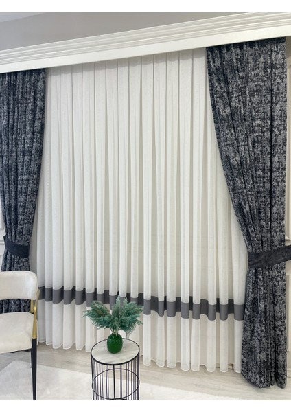 Ekru Renk Gri Bantlı Keten Görünümlü 1/3 Sık Pile Tül Perde indirimleri