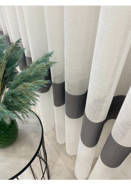 Ekru Renk Gri Bantlı Keten Görünümlü 1/3 Sık Pile Tül Perde fiyatları