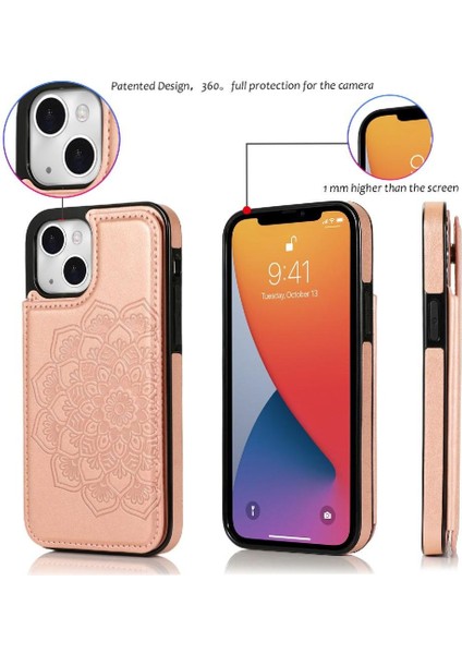 IPhone 13 Mini Çift Düğmeler Kabartmalı Pu Için Kart Tutucu Kılıf ile Cüzdan (Yurt Dışından)