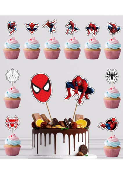 Hiras Dizayn Spiderman Örümcek Adam Pasta Kürdanı 12PARÇA Pasta Süsü ve Cupcake Pasta Kurabiye Süsle