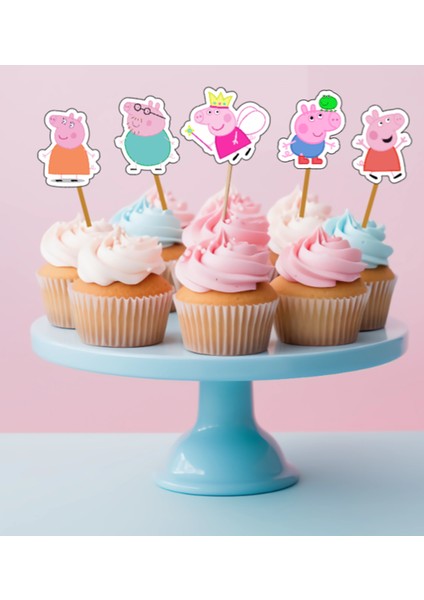 Hiras Dizayn 15 Adet Peppa Pig Ailesi  Cupcake Doğum Günü Süsü Pasta Kürdanı  6-7cm Cupcake Pasta Süsü