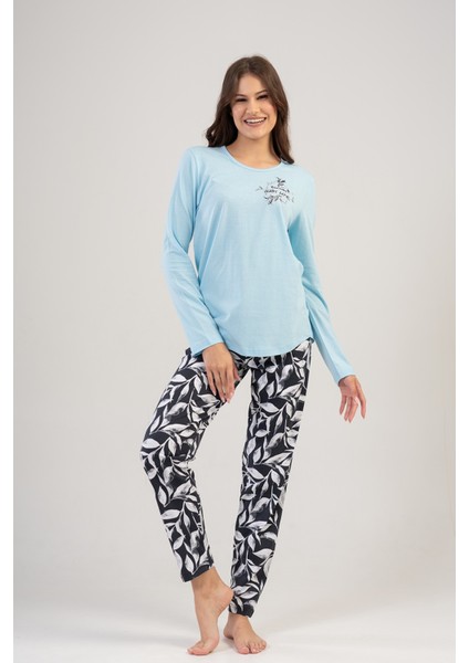 Kadın Mavi Uzun Kollu Yuvarlak Yaka Oval Etek Pamuklu Pijama Takımı Tam Kalıp
