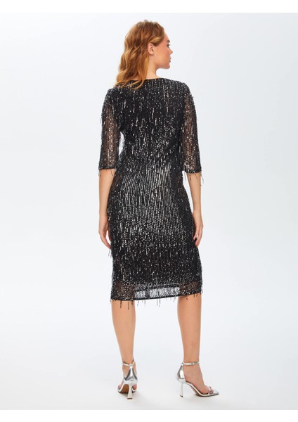 Saçaklı Payet Işli 3/4 Kol Abiye Elbise 69109 modelleri