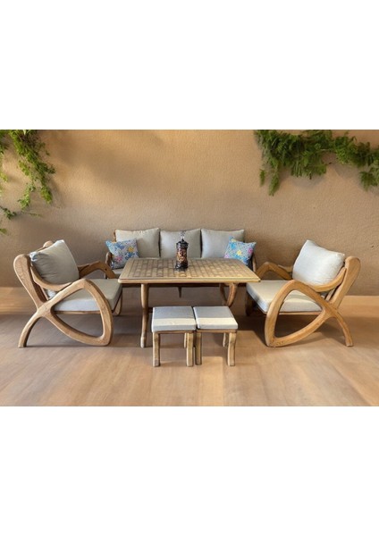 Violet Masif Ahşap Bahçe Balkon Koltuk Kestane Ağacı 3+1+1 Koltuk, Masa Takımı