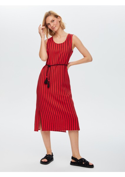 Resort Püskül Kuşaklı Kolsuz Çizgili Elbise 68767