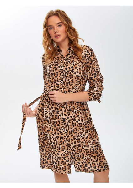 Leopar Desen Viskon Gömlek Elbise 69237