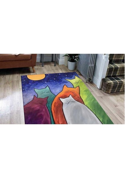 Halı Renkli Kedi Desenli Dijital Baskı Halı