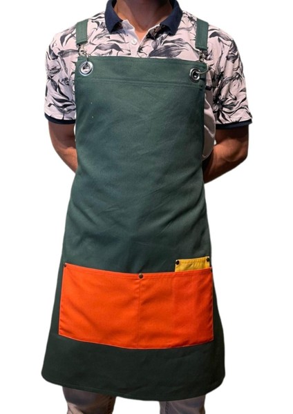 Trend Çapraz Askılı Koyu Yeşil Barista Garson Önlük
