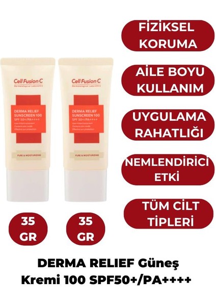 Derma Relief 100 Spf 50 /pa Çocuklar Ve Yetişkinler Için Güneş Kremi 35ml+35ml Set fiyatları
