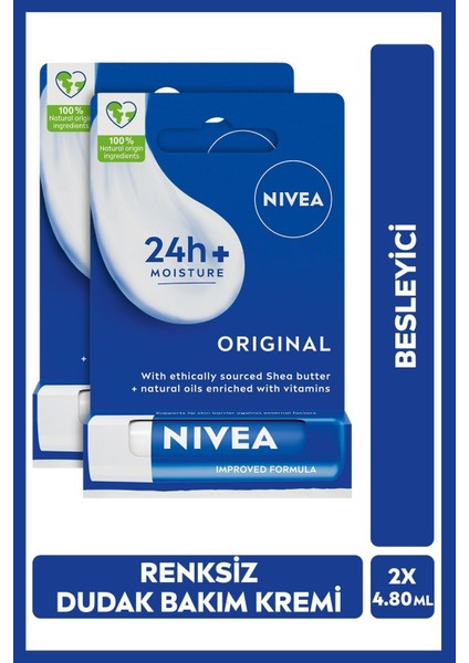 Original Care Dudak Bakım Kremi, 24 Saat Nem, Gün Boyu Dudak Bakım 4,8 gr x 2 Adet