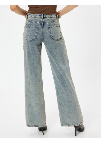 Standart Bel Kot Pantolon Geniş Paça Düğmeli Cepli Pamuklu - Wide Leg Jeans fırsatları