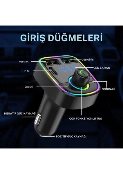 Car C2 Araç Fm Transmitter 5.3 Bluetooth Araç Kiti Hızlı Şarj Qc 3.1 Çift USB ve Type-C Mp3 Sd Kart Çakmaklık Girişli oto müzik çalar