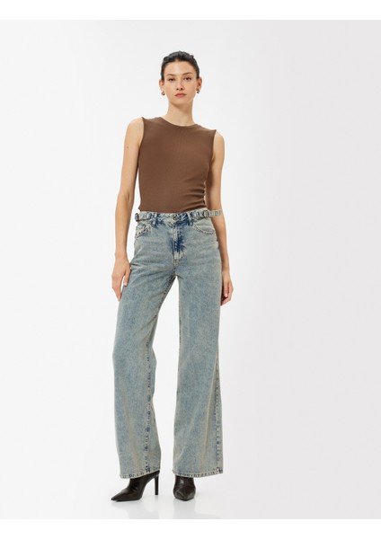 Standart Bel Kot Pantolon Geniş Paça Düğmeli Cepli Pamuklu - Wide Leg Jeans