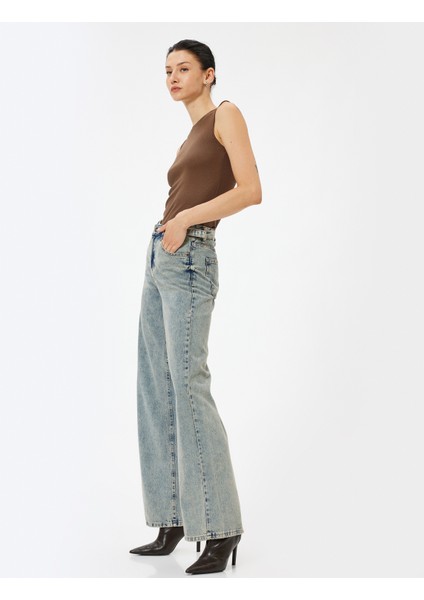 Standart Bel Kot Pantolon Geniş Paça Düğmeli Cepli Pamuklu - Wide Leg Jeans fiyatları