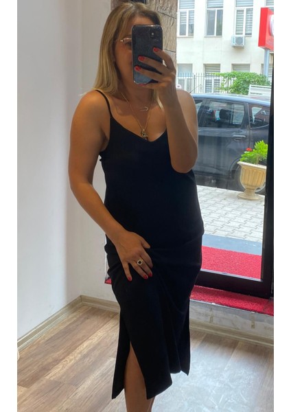 Modal Kumaş Askılı Yan Yırtmaçlı Midi Elbise Siyah