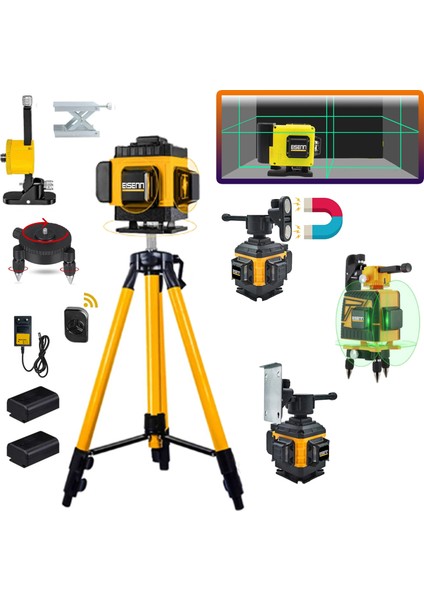 Germany Artı Lazer 16 Köşe Yeşil Çizgili Terazi Distomat Kumandalı Mıknatıslı 360 Derece 2 Akülü + 1.5 mt Tripod Ayak 45 mt Menzil