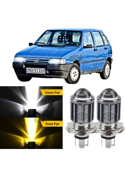 Fiat Uno 1992-2001 Uyumlu Mercekli Far Ampulü LED Xenon Çift Renk Sarı-Beyaz Far Şimşek Etkili Csp LED Lamba Uzun Kısa 2 Adet Takım