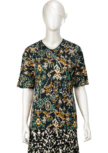 Kadın Turlu Viskon Penye Anne Bluz Sarmaşık Desenli Kısa Kollu Likralı