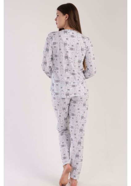 Kadın Gri Uzun Kollu Yarım Düğmeli Yuvarlak Yaka Oval Etek Pamuklu Pijama Takımı Tam Kalıp