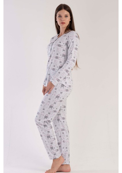 Kadın Gri Uzun Kollu Yarım Düğmeli Yuvarlak Yaka Oval Etek Pamuklu Pijama Takımı Tam Kalıp fiyatları