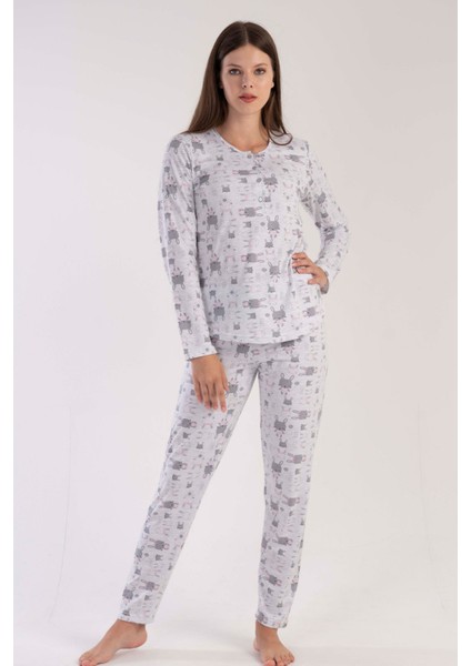 Kadın Gri Uzun Kollu Yarım Düğmeli Yuvarlak Yaka Oval Etek Pamuklu Pijama Takımı Tam Kalıp modelleri