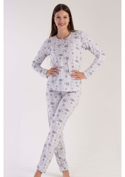 Kadın Gri Uzun Kollu Yarım Düğmeli Yuvarlak Yaka Oval Etek Pamuklu Pijama Takımı Tam Kalıp fırsatları
